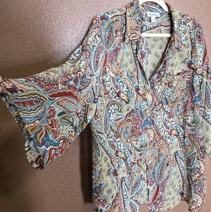 Dress Barn Plus Size 2X Flowy Sleeve  Vibrant Paisley Blouse Boho Button Down